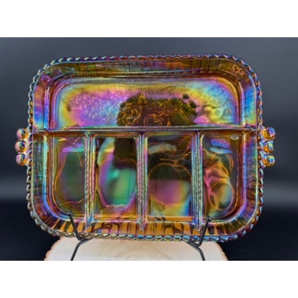 Vintage Carnival Glass Serving Tray Marigold Iridescent Fruit Relish Platter